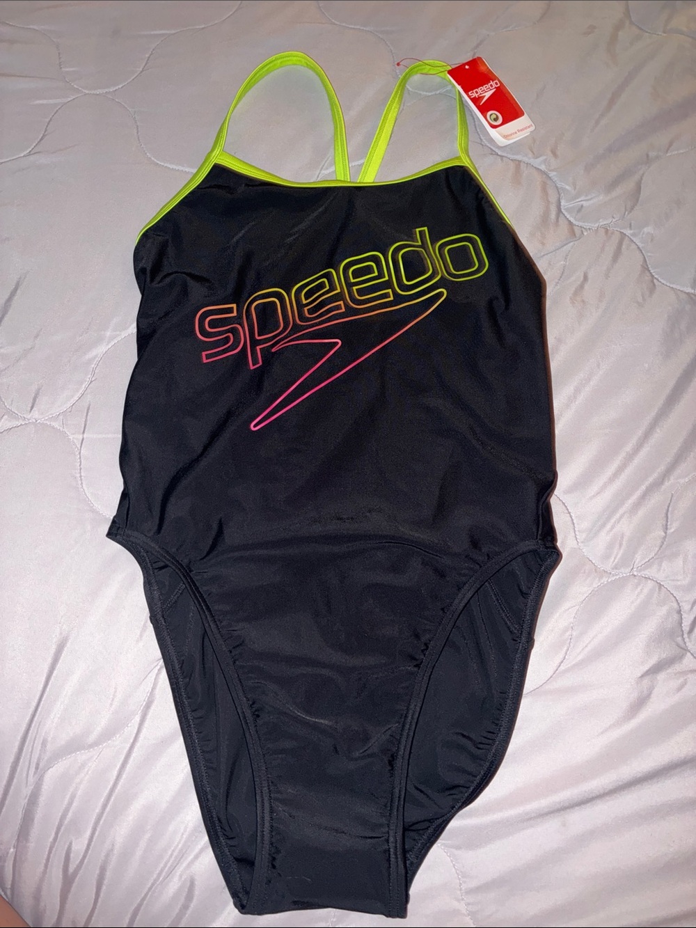Speedo Black Girls' One-Piece Swimsuit with Neon Yellow-Green Trim